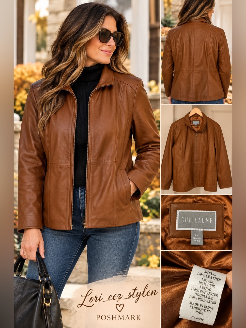 Women's Leather Zip-Front Jacket in Cognac Brown New without tags